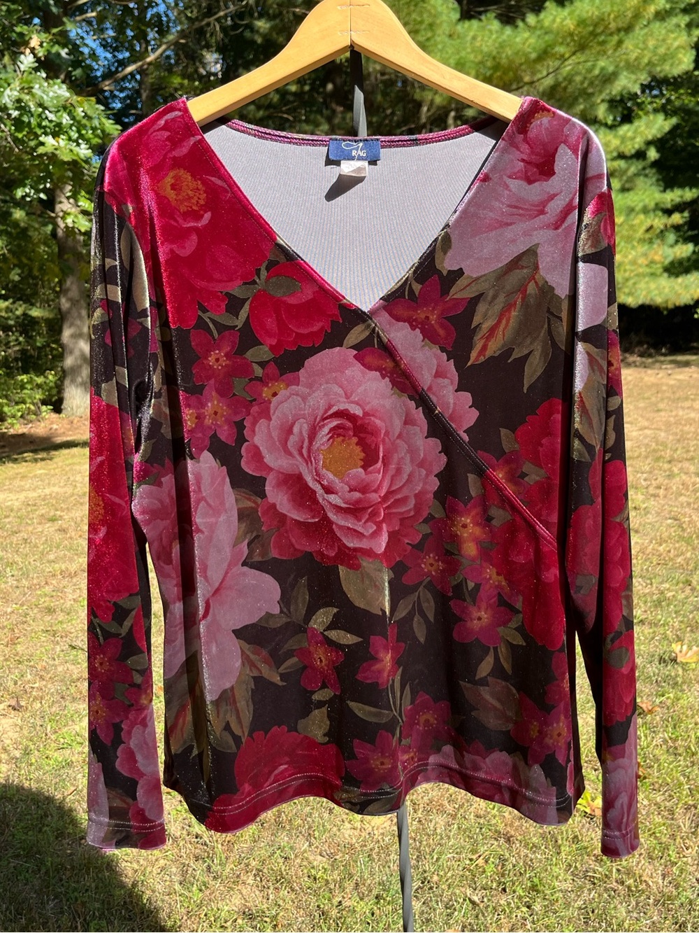 90s RAG Whimsigoth Dark Floral Velvet Long-Sleeve Top Plus Size 2X Fairy Fall